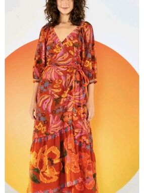 Farm Rio Floral-Print Swiss-Dot Dress Red Spring Bananas L